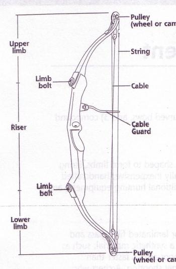 Drawing of a compound bow with parts labeled